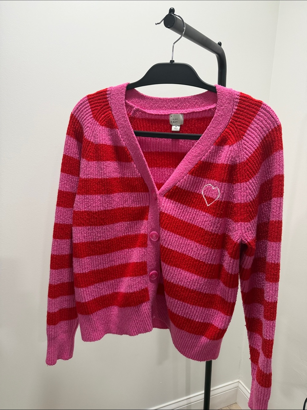 a new day Pink & Red Striped V-Neck Cardigan with Heart Patch